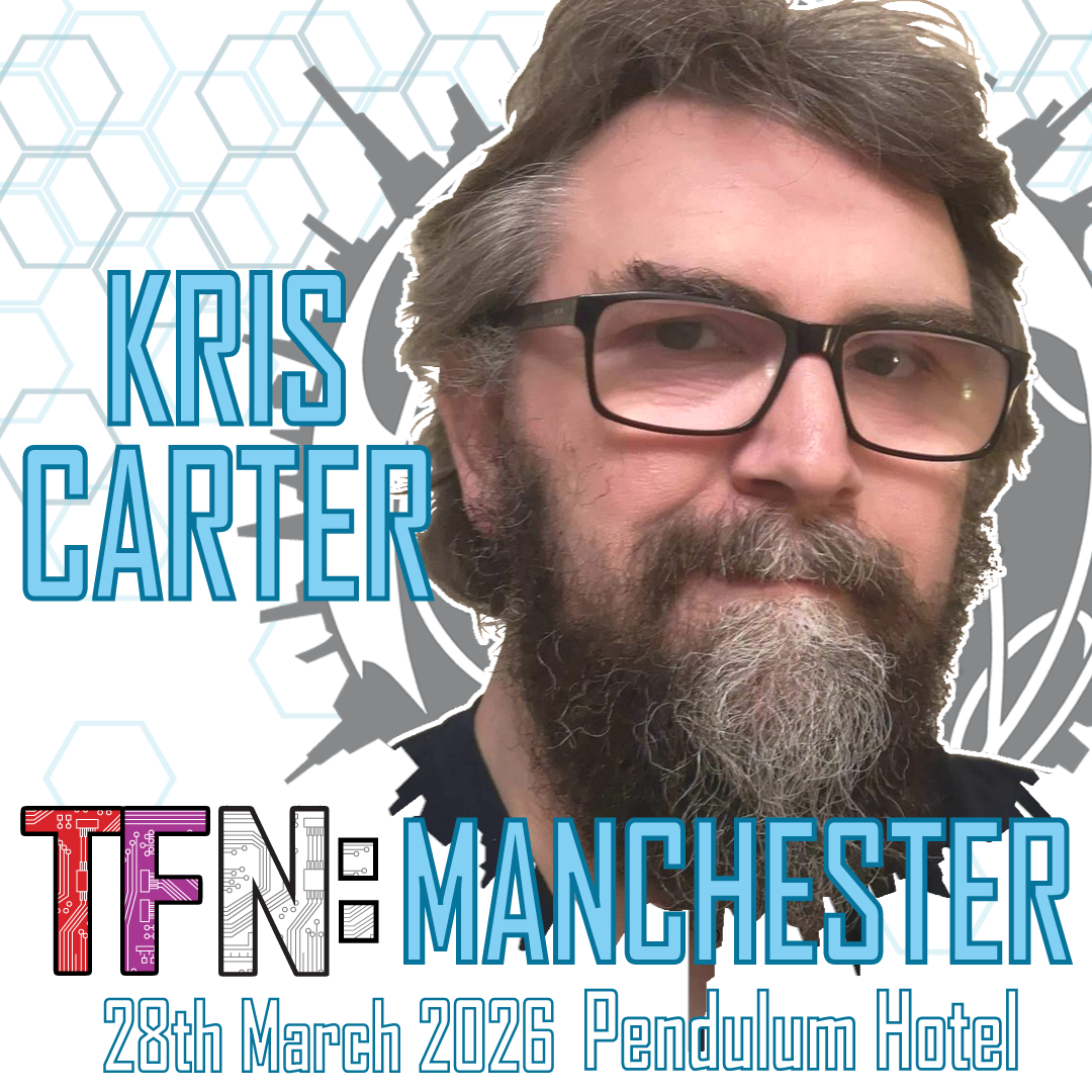 Banner announcing Kris Carter's appearance at TFN:Mini-Con Manchester. The banner includes a photograph of Kris and notes the event date as 28th March 2026 at the Pendulum Hotel